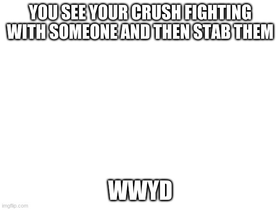 wwyd | YOU SEE YOUR CRUSH FIGHTING WITH SOMEONE AND THEN STAB THEM; WWYD | image tagged in blank white template | made w/ Imgflip meme maker