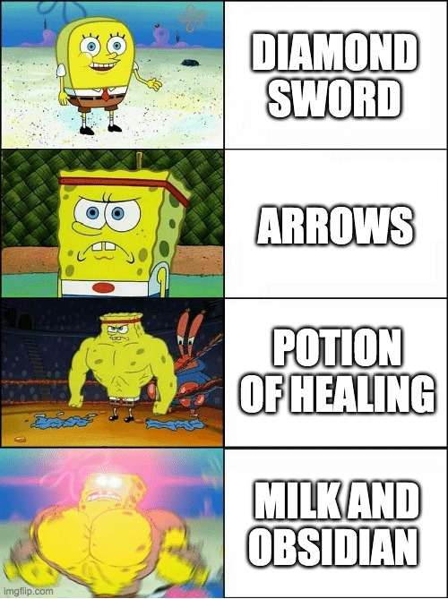 Sponge Finna Commit Muder | DIAMOND SWORD ARROWS POTION OF HEALING MILK AND OBSIDIAN | image tagged in sponge finna commit muder | made w/ Imgflip meme maker