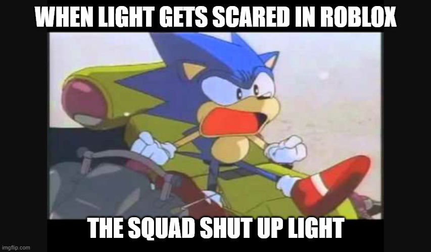 Me:...... | WHEN LIGHT GETS SCARED IN ROBLOX; THE SQUAD SHUT UP LIGHT | image tagged in sonic- shut up tails | made w/ Imgflip meme maker