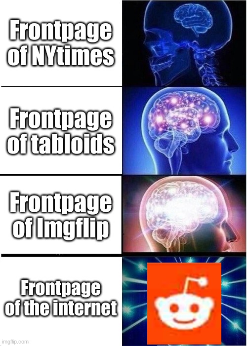 Expanding Brain | Frontpage of NYtimes; Frontpage of tabloids; Frontpage of Imgflip; Frontpage of the internet | image tagged in memes,expanding brain | made w/ Imgflip meme maker