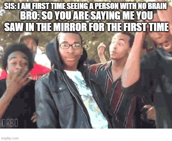 mirror | BRO: SO YOU ARE SAYING ME YOU SAW IN THE MIRROR FOR THE FIRST TIME; SIS: I AM FIRST TIME SEEING A PERSON WITH NO BRAIN | image tagged in oooohhhh | made w/ Imgflip meme maker