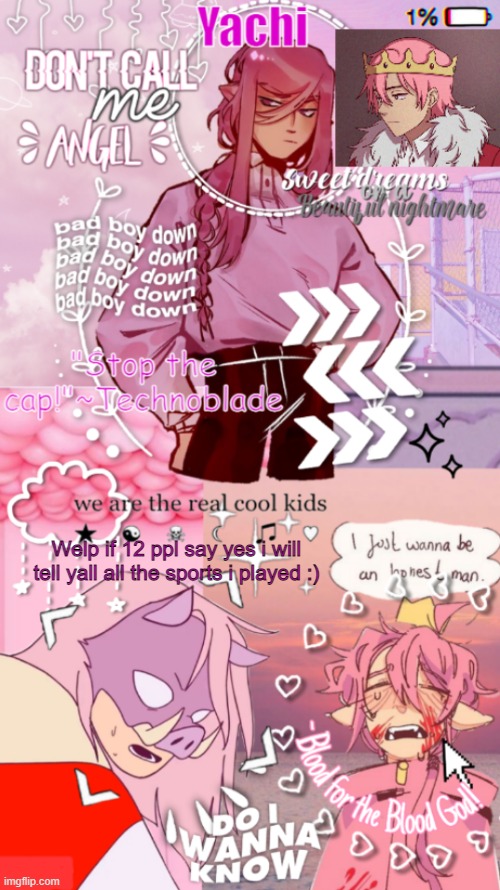 Yachi's technoblade temp | Welp if 12 ppl say yes i will tell yall all the sports i played :) | image tagged in yachi's technoblade temp | made w/ Imgflip meme maker