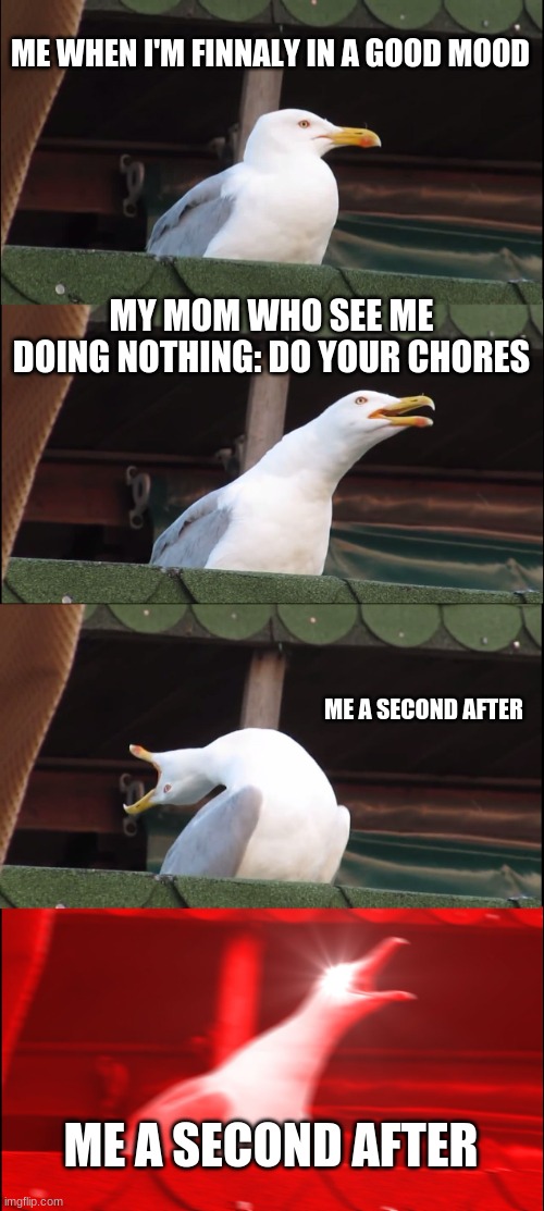 nooooo not chores! | ME WHEN I'M FINNALY IN A GOOD MOOD; MY MOM WHO SEE ME DOING NOTHING: DO YOUR CHORES; ME A SECOND AFTER; ME A SECOND AFTER | image tagged in memes,inhaling seagull | made w/ Imgflip meme maker