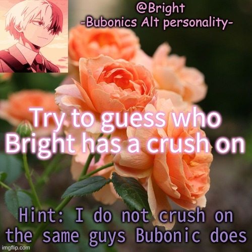 :D | Try to guess who Bright has a crush on; Hint: I do not crush on the same guys Bubonic does | image tagged in a tempo for bright d | made w/ Imgflip meme maker