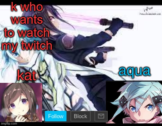 fem kirito | k who wants to watch my twitch | image tagged in fem kirito | made w/ Imgflip meme maker