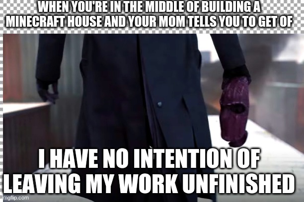 baron zemo in minecraft | WHEN YOU'RE IN THE MIDDLE OF BUILDING A MINECRAFT HOUSE AND YOUR MOM TELLS YOU TO GET OF; I HAVE NO INTENTION OF LEAVING MY WORK UNFINISHED | image tagged in marvel comics | made w/ Imgflip meme maker