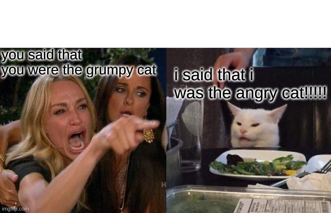 Woman Yelling At Cat Meme | you said that you were the grumpy cat; i said that i was the angry cat!!!!! | image tagged in memes,woman yelling at cat | made w/ Imgflip meme maker