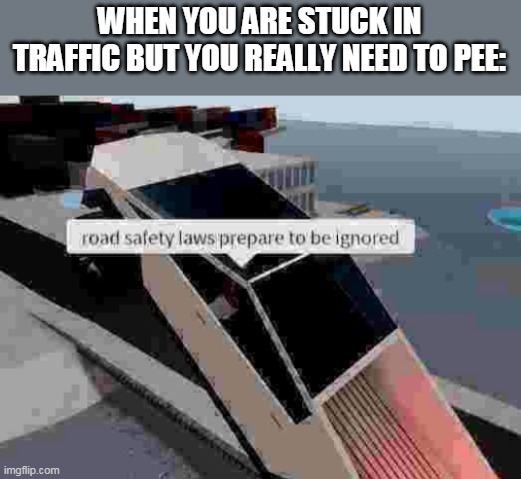 Happens to everyone | WHEN YOU ARE STUCK IN TRAFFIC BUT YOU REALLY NEED TO PEE: | image tagged in road safety laws prepare to be ignored | made w/ Imgflip meme maker