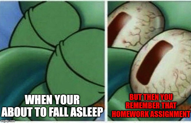 Forgetting THAT homework | WHEN YOUR ABOUT TO FALL ASLEEP; BUT THEN YOU REMEMBER THAT HOMEWORK ASSIGNMENT | image tagged in squidward,homework,school | made w/ Imgflip meme maker