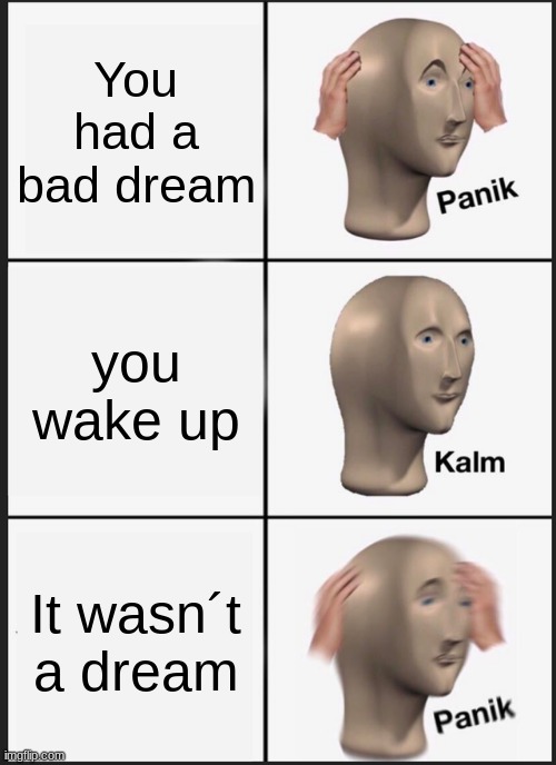 bad dream | You had a bad dream; you wake up; It wasn´t a dream | image tagged in memes,panik kalm panik | made w/ Imgflip meme maker