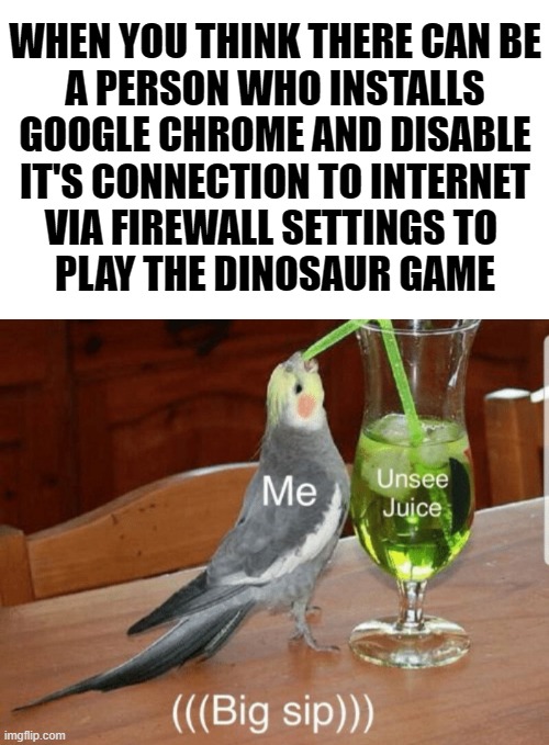 Unsee juice | WHEN YOU THINK THERE CAN BE
A PERSON WHO INSTALLS
GOOGLE CHROME AND DISABLE
IT'S CONNECTION TO INTERNET
VIA FIREWALL SETTINGS TO 
PLAY THE DINOSAUR GAME | image tagged in unsee juice,google chrome,gaming,big sip,internet | made w/ Imgflip meme maker