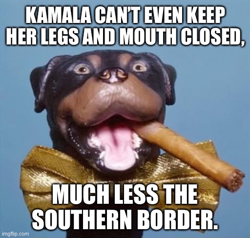 Kamala should get off of her knees and get to the border | KAMALA CAN’T EVEN KEEP HER LEGS AND MOUTH CLOSED, MUCH LESS THE SOUTHERN BORDER. | image tagged in triumph the insult comic dog,memes,kamala harris,border,bad joke,mexico | made w/ Imgflip meme maker