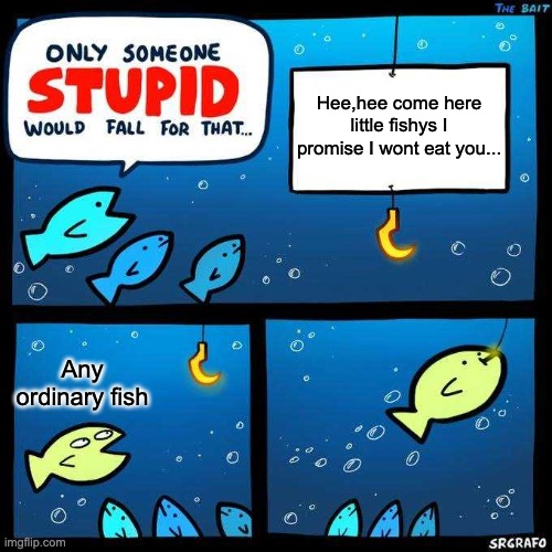 Most fish: | Hee,hee come here little fishys I promise I wont eat you... Any ordinary fish | image tagged in only someone stupid would fall for that,fish,dumb,dumb fish | made w/ Imgflip meme maker