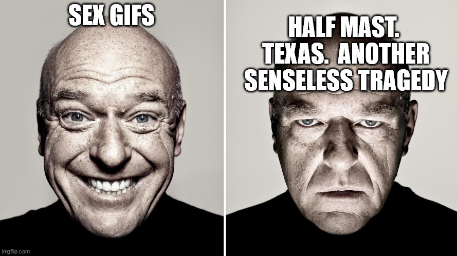 Dean Norris's reaction | HALF MAST.  TEXAS.  ANOTHER SENSELESS TRAGEDY; SEX GIFS | image tagged in dean norris's reaction | made w/ Imgflip meme maker