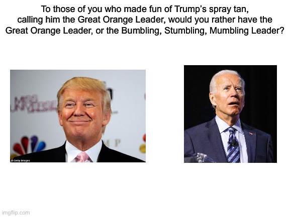 No Joe, we don’t want to hear about your leg hair again. | To those of you who made fun of Trump’s spray tan, calling him the Great Orange Leader, would you rather have the Great Orange Leader, or the Bumbling, Stumbling, Mumbling Leader? | image tagged in blank white template,donald trump,creepy joe biden,politics,memes | made w/ Imgflip meme maker