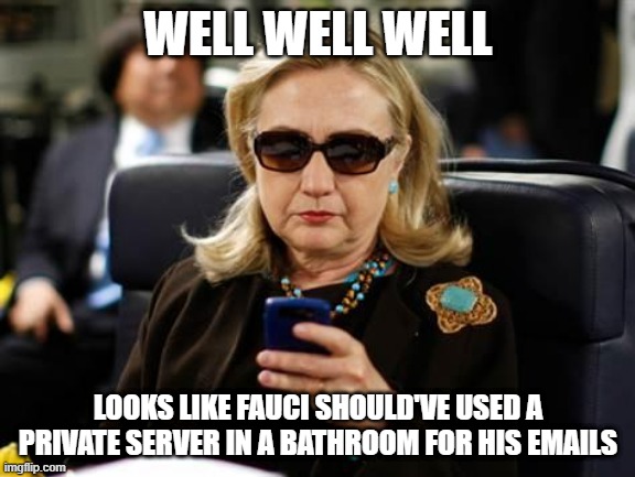 Fauci email opinion | WELL WELL WELL; LOOKS LIKE FAUCI SHOULD'VE USED A PRIVATE SERVER IN A BATHROOM FOR HIS EMAILS | image tagged in memes,hillary clinton cellphone | made w/ Imgflip meme maker