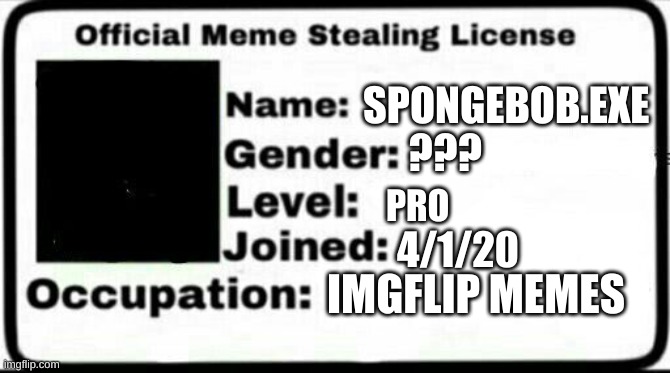 Meme Stealing License | SPONGEBOB.EXE; ??? PRO; 4/1/20; IMGFLIP MEMES | image tagged in meme stealing license | made w/ Imgflip meme maker