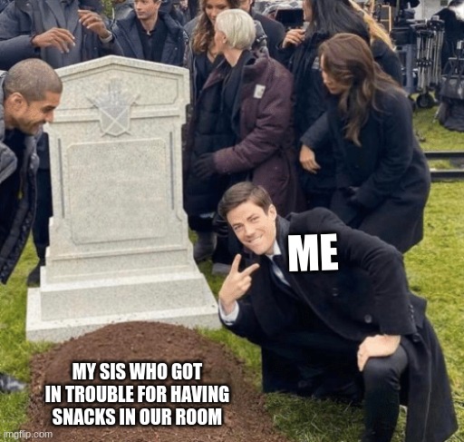 fights | ME; MY SIS WHO GOT IN TROUBLE FOR HAVING SNACKS IN OUR ROOM | image tagged in grant gustin over grave | made w/ Imgflip meme maker