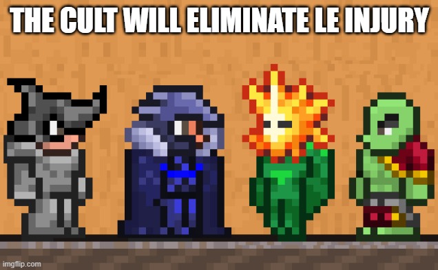 Me and the boys: Terraria edition | THE CULT WILL ELIMINATE LE INJURY | image tagged in me and the boys terraria edition | made w/ Imgflip meme maker