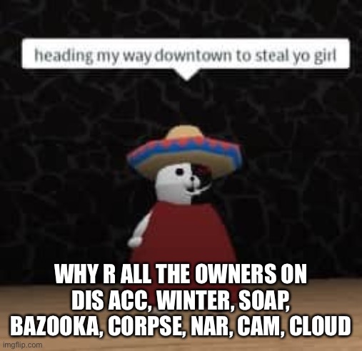 like damn bro XD | WHY R ALL THE OWNERS ON DIS ACC, WINTER, SOAP, BAZOOKA, CORPSE, NAR, CAM, CLOUD | image tagged in bc i can | made w/ Imgflip meme maker