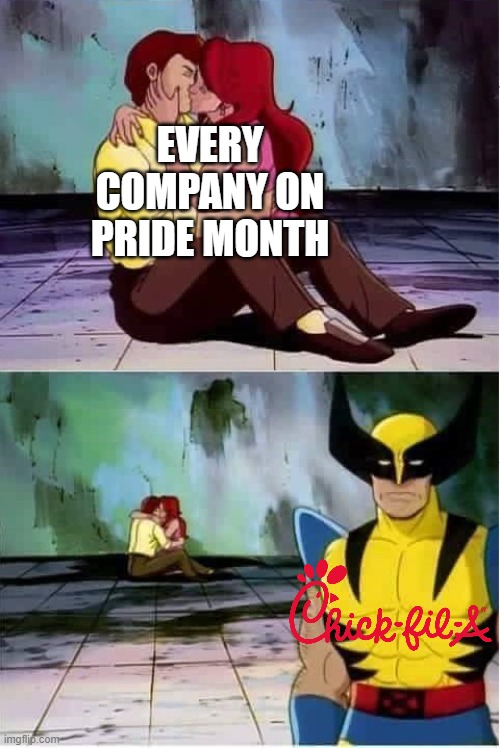 Sad wolverine left out of party | EVERY COMPANY ON PRIDE MONTH | image tagged in sad wolverine left out of party | made w/ Imgflip meme maker