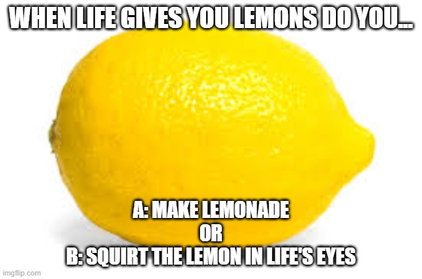 Seriously, I wanna know, post in the comments. (Im the lemonade type) | WHEN LIFE GIVES YOU LEMONS DO YOU... A: MAKE LEMONADE
OR
B: SQUIRT THE LEMON IN LIFE'S EYES | image tagged in when life gives you lemons x | made w/ Imgflip meme maker