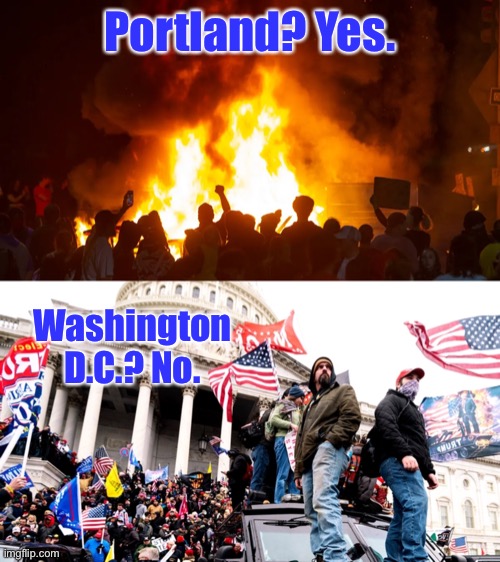 Portland? Yes. Washington D.C.? No. | image tagged in portland riots,capitol riot | made w/ Imgflip meme maker