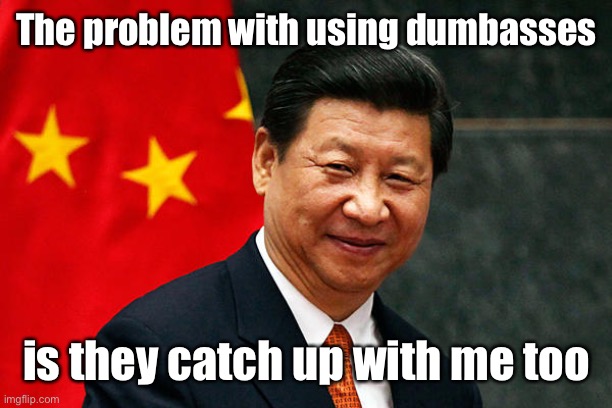 Xi Jinping | The problem with using dumbasses is they catch up with me too | image tagged in xi jinping | made w/ Imgflip meme maker