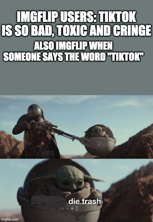 Anybody else agree? | IMGFLIP USERS: TIKTOK IS SO BAD, TOXIC AND CRINGE; ALSO IMGFLIP WHEN SOMEONE SAYS THE WORD "TIKTOK" | image tagged in baby yoda die trash | made w/ Imgflip meme maker
