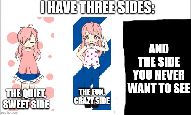 white background | I HAVE THREE SIDES:; AND THE SIDE YOU NEVER WANT TO SEE; THE QUIET, SWEET SIDE; THE FUN, CRAZY SIDE | made w/ Imgflip meme maker