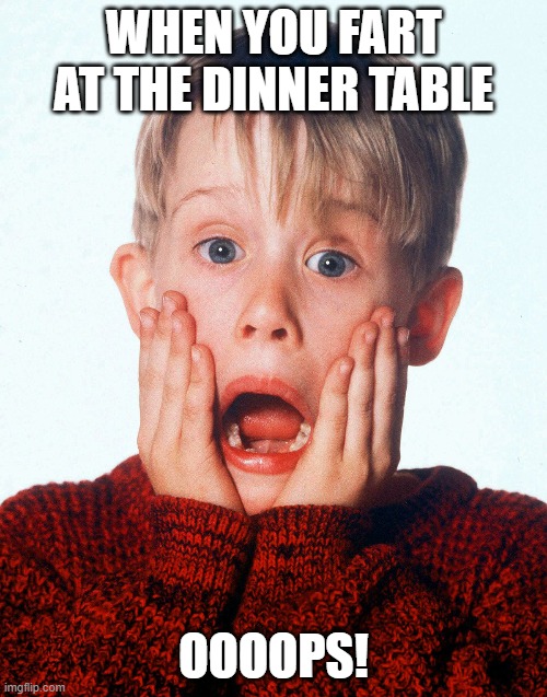 When you fart at the dinner table be like... | WHEN YOU FART AT THE DINNER TABLE; OOOOPS! | image tagged in home alone,home alone kid,funny | made w/ Imgflip meme maker
