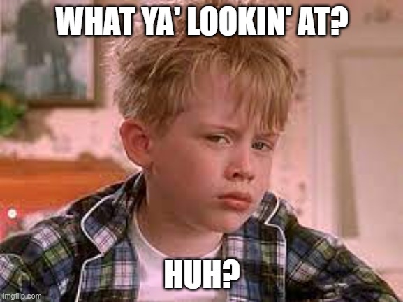 What ya' lookin at? | WHAT YA' LOOKIN' AT? HUH? | image tagged in home alone,home alone kid,bad hair day,funny | made w/ Imgflip meme maker
