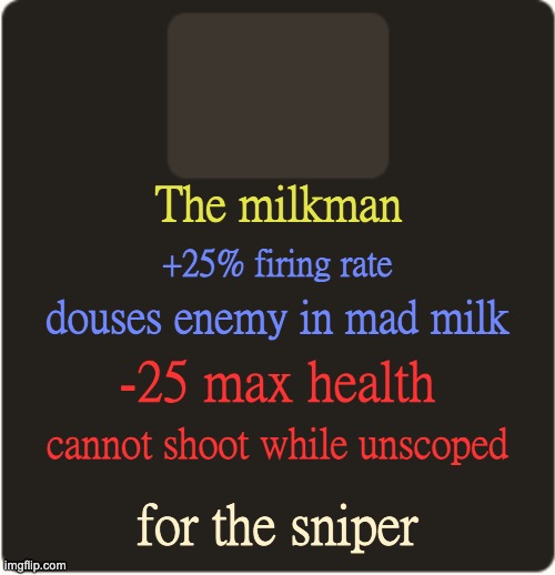 tf2 custom weapon template 3 | The milkman; +25% firing rate; douses enemy in mad milk; -25 max health; cannot shoot while unscoped; for the sniper | image tagged in tf2 custom weapon template 3 | made w/ Imgflip meme maker