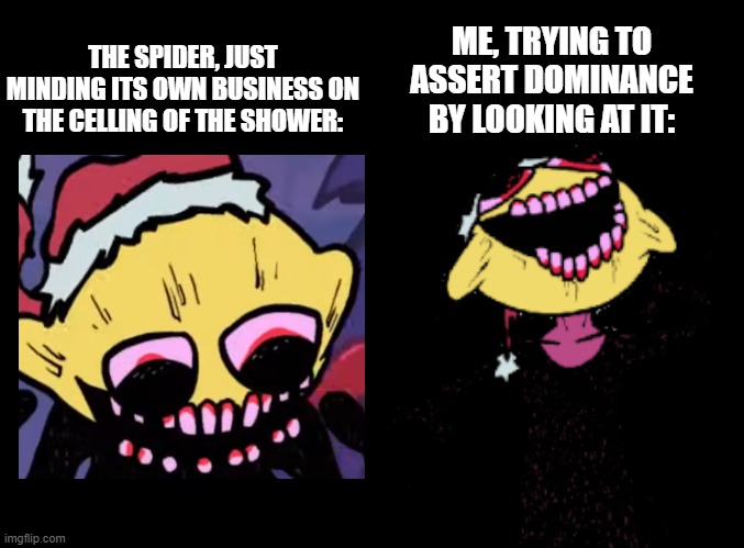 SpIDeR. | ME, TRYING TO ASSERT DOMINANCE BY LOOKING AT IT:; THE SPIDER, JUST MINDING ITS OWN BUSINESS ON THE CELLING OF THE SHOWER: | image tagged in spider,memes | made w/ Imgflip meme maker
