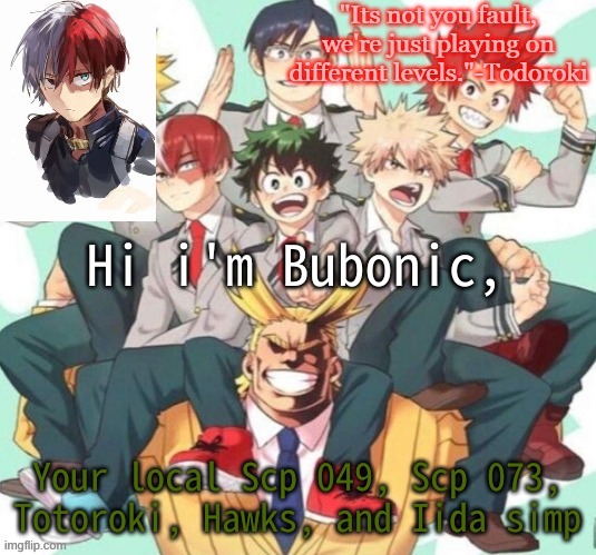 Hi i'm Bubonic, Your local Scp 049, Scp 073, Totoroki, Hawks, and Iida simp | image tagged in bubonics mha temp | made w/ Imgflip meme maker