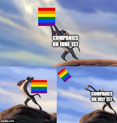 Happy "I use your sexuality to sell my shit products" Month! | COMPANIES ON JUNE 1ST; COMPANIES ON JULY 1ST | image tagged in simba rafiki lion king,gay pride,pride month,hipocrisy | made w/ Imgflip meme maker
