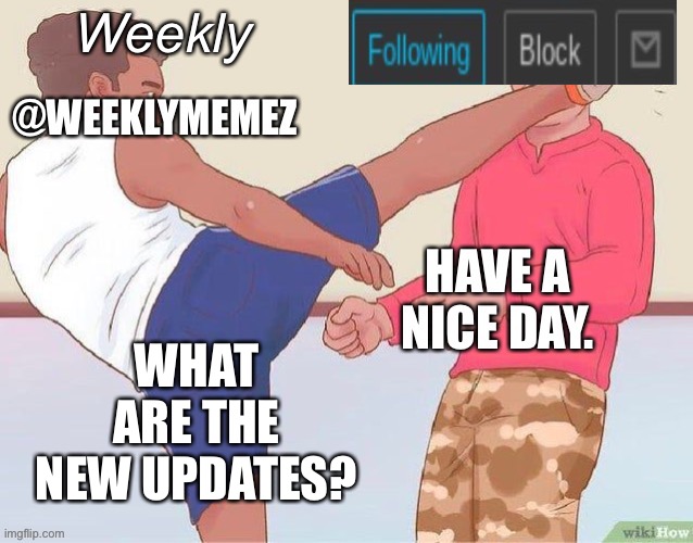 What are they? | WHAT ARE THE NEW UPDATES? | image tagged in weeklymemez announcement template | made w/ Imgflip meme maker