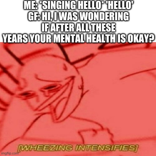 ME: *SINGING HELLO* 'HELLO'
GF: HI, I WAS WONDERING IF AFTER ALL THESE YEARS YOUR MENTAL HEALTH IS OKAY? | made w/ Imgflip meme maker