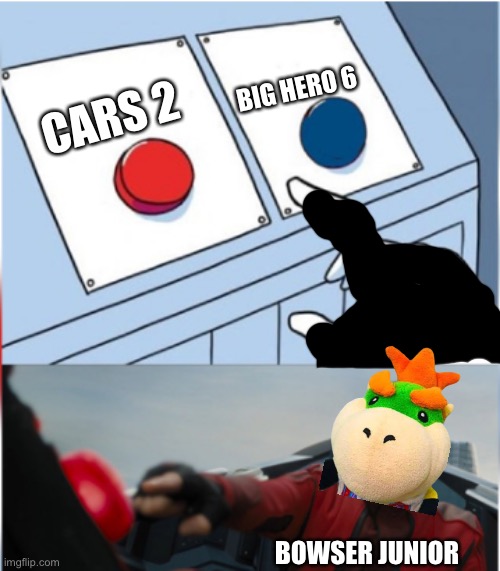 Bowser Junior would watch Cars 2 more than big hero 6 | BIG HERO 6; CARS 2; BOWSER JUNIOR | image tagged in robotnik pressing red button,sml | made w/ Imgflip meme maker