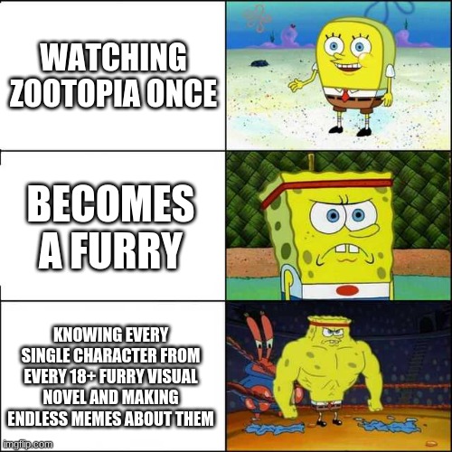 Steps to become me |  WATCHING ZOOTOPIA ONCE; BECOMES A FURRY; KNOWING EVERY SINGLE CHARACTER FROM EVERY 18+ FURRY VISUAL NOVEL AND MAKING ENDLESS MEMES ABOUT THEM | image tagged in spongebob strong,furry,the furry fandom,furry memes | made w/ Imgflip meme maker