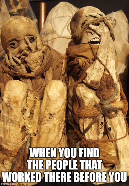 Understaffed | WHEN YOU FIND THE PEOPLE THAT WORKED THERE BEFORE YOU | image tagged in understaffed,work,mummy,dead inside,hell | made w/ Imgflip meme maker