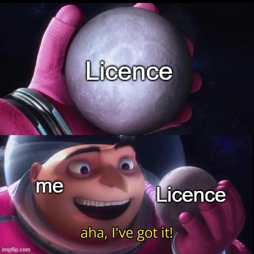 I've got it ! | Licence; me; Licence | image tagged in gru holding a moon,tma,aircraft,maintenance | made w/ Imgflip meme maker