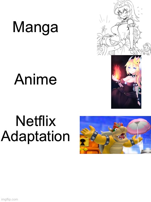 Just a funny joke about Bowsette (featuring a screenshot from an SMG4 video) |  Manga; Anime; Netflix Adaptation | image tagged in blank space,super mario | made w/ Imgflip meme maker