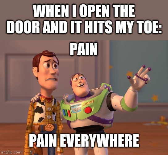 Pain, Pain Everywhere | WHEN I OPEN THE DOOR AND IT HITS MY TOE:; PAIN; PAIN EVERYWHERE | image tagged in memes,x x everywhere | made w/ Imgflip meme maker