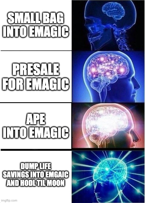 Expanding Brain | SMALL BAG INTO EMAGIC; PRESALE FOR EMAGIC; APE INTO EMAGIC; DUMP LIFE SAVINGS INTO EMGAIC AND HODL TIL MOON | image tagged in memes,expanding brain | made w/ Imgflip meme maker