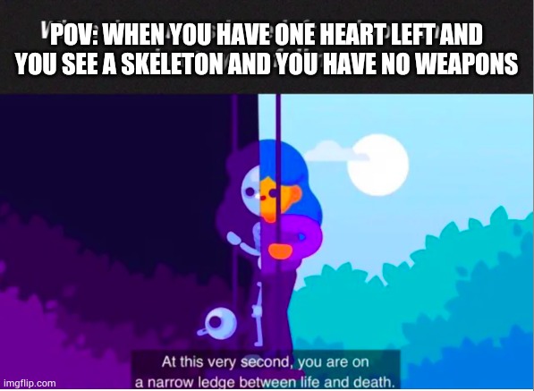 Uh oh your ded | POV: WHEN YOU HAVE ONE HEART LEFT AND YOU SEE A SKELETON AND YOU HAVE NO WEAPONS | image tagged in kurgesagt you are on a narrow ledge between life and death,memes,minecraft,made by bob_fnf | made w/ Imgflip meme maker