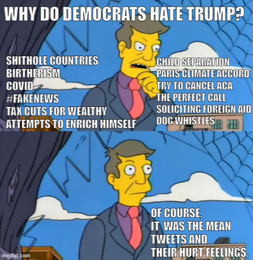 Why do they hate trump | WHY DO DEMOCRATS HATE TRUMP? CHILD SEPARATION
PARIS CLIMATE ACCORD
TRY TO CANCEL ACA
THE PERFECT CALL
SOLICITING FOREIGN AID
DOG WHISTLES; SHITHOLE COUNTRIES
BIRTHERISM
COVID
#FAKENEWS
TAX CUTS FOR WEALTHY
ATTEMPTS TO ENRICH HIMSELF; OF COURSE, IT  WAS THE MEAN TWEETS AND THEIR HURT FEELINGS. | image tagged in simpsons principle,trump,trump tweet,snowflakes | made w/ Imgflip meme maker