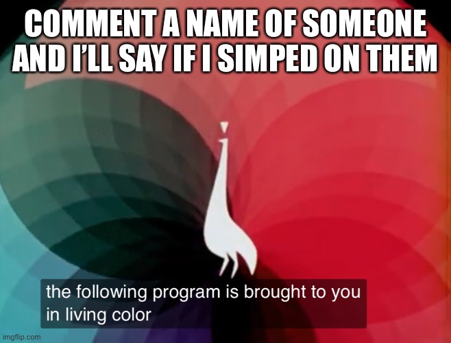 The following program is brought to you in living color | COMMENT A NAME OF SOMEONE AND I’LL SAY IF I SIMPED ON THEM | image tagged in the following program is brought to you in living color | made w/ Imgflip meme maker