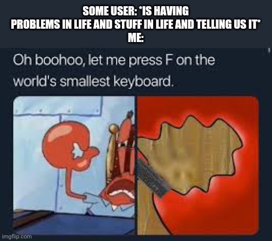 Relatable | SOME USER: *IS HAVING PROBLEMS IN LIFE AND STUFF IN LIFE AND TELLING US IT*
ME: | image tagged in let me press f on the worlds smallest keyboard,memes,funny | made w/ Imgflip meme maker