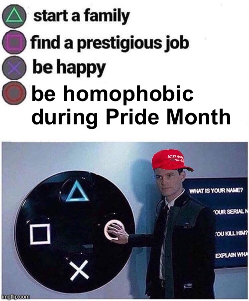 It really do be like that | be homophobic during Pride Month | image tagged in maga press circle ps4,pride,gay pride,maga,conservative logic,homophobic | made w/ Imgflip meme maker